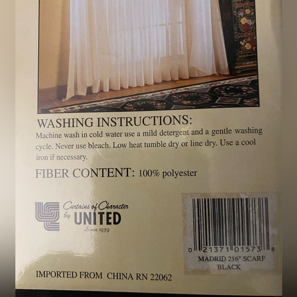 NWOT black window scarf sheer VO I LE style 603 Madrid 59” x 216” - Picture 3 of 4